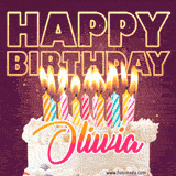 A colorful birthday cake topped with lit candles, with the words 'Happy Birthday Oliwia' in bold glowing letters on a burgundy background. Animated flames add a festive touch.