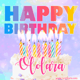 A vibrant animated name GIF with the words 'Happy Birthday Ololara' with colorful candles on a creamy cake. The background sparkles with pastel shades, adding a festive touch.