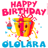 A vibrant and funny gift box character with a happy face dancing with a cupcake and the text 'Happy Birthday Ololara,' surrounded by animated confetti and party vibes.
