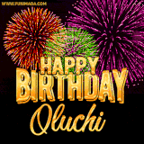 A golden 'Happy Birthday Oluchi' message with vibrant fireworks in the background, creating a festive and celebratory vibe in this animated name GIF.