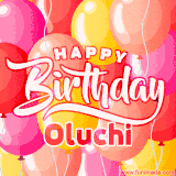A vibrant name GIF featuring colorful balloons in shades of pink, orange, and yellow with the bold text 'Happy Birthday Oluchi' in festive fonts, creating a lively birthday vibe.
