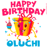 A vibrant and funny gift box character with a happy face dancing with a cupcake and the text 'Happy Birthday Oluchi,' surrounded by animated confetti and party vibes.
