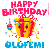 A vibrant and funny gift box character with a happy face dancing with a cupcake and the text 'Happy Birthday Olufemi,' surrounded by animated confetti and party vibes.
