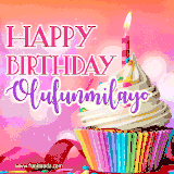 A vibrant birthday GIF featuring a rainbow-colored cupcake topped with white frosting, sprinkles, and a lit candle. The text reads 'Happy Birthday Olufunmilayo' in bold pink and violet letters with white outline.