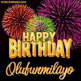 A golden 'Happy Birthday Olufunmilayo' message with vibrant fireworks in the background, creating a festive and celebratory vibe in this animated name GIF.