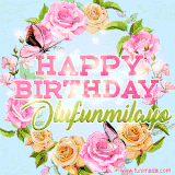 A charming animated GIF featuring 'Happy Birthday Olufunmilayo' in pink and green text, surrounded by delicate roses, leaves, and fluttering butterflies on a soft light blue pastel background.