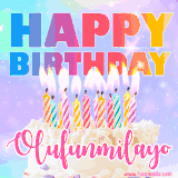 A vibrant animated name GIF with the words 'Happy Birthday Olufunmilayo' with colorful candles on a creamy cake. The background sparkles with pastel shades, adding a festive touch.