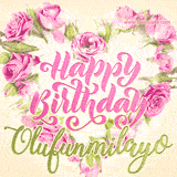 A stunning heart made of pink roses surrounds the elegant script text 'Happy Birthday Olufunmilayo' on a soft beige background. Animated sparkles add a magical and festive feel.