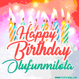 Bright birthday candles with rainbow flames on a cake, alongside the text 'Happy Birthday Olufunmilola' in vibrant script in this celebratory animated GIF.