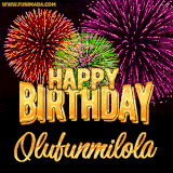 A golden 'Happy Birthday Olufunmilola' message with vibrant fireworks in the background, creating a festive and celebratory vibe in this animated name GIF.