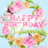 A charming animated GIF featuring 'Happy Birthday Olufunmilola' in pink and green text, surrounded by delicate roses, leaves, and fluttering butterflies on a soft light blue pastel background.
