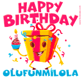 A vibrant and funny gift box character with a happy face dancing with a cupcake and the text 'Happy Birthday Olufunmilola,' surrounded by animated confetti and party vibes.