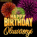A golden 'Happy Birthday Oluwaseyi' message with vibrant fireworks in the background, creating a festive and celebratory vibe in this animated name GIF.