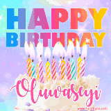 A vibrant animated name GIF with the words 'Happy Birthday Oluwaseyi' with colorful candles on a creamy cake. The background sparkles with pastel shades, adding a festive touch.