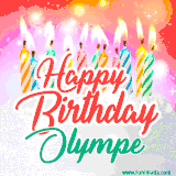Bright birthday candles with rainbow flames on a cake, alongside the text 'Happy Birthday Olympe' in vibrant script in this celebratory animated GIF.