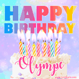 A vibrant animated name GIF with the words 'Happy Birthday Olympe' with colorful candles on a creamy cake. The background sparkles with pastel shades, adding a festive touch.