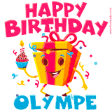 A vibrant and funny gift box character with a happy face dancing with a cupcake and the text 'Happy Birthday Olympe,' surrounded by animated confetti and party vibes.