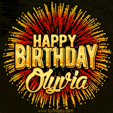 Golden 'Happy Birthday Olyvia' text accompanied by animated rainbow fireworks for a festive animated greeting.