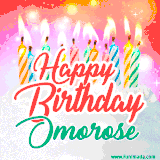 Bright birthday candles with rainbow flames on a cake, alongside the text 'Happy Birthday Omorose' in vibrant script in this celebratory animated GIF.