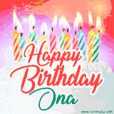 Bright birthday candles with rainbow flames on a cake, alongside the text 'Happy Birthday Ona' in vibrant script in this celebratory animated GIF.