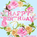 A charming animated GIF featuring 'Happy Birthday Ona' in pink and green text, surrounded by delicate roses, leaves, and fluttering butterflies on a soft light blue pastel background.