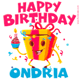 A vibrant and funny gift box character with a happy face dancing with a cupcake and the text 'Happy Birthday Ondria,' surrounded by animated confetti and party vibes.