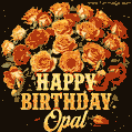 Beautiful bouquet of orange and red roses for Opal, golden inscription and twinkling stars