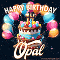Hand-drawn happy birthday cake adorned with an arch of colorful balloons - name GIF for Opal