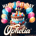 Hand-drawn happy birthday cake adorned with an arch of colorful balloons - name GIF for Ophelia