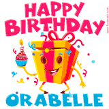A vibrant and funny gift box character with a happy face dancing with a cupcake and the text 'Happy Birthday Orabelle,' surrounded by animated confetti and party vibes.