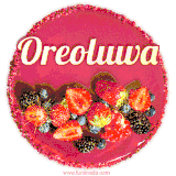 Beautifully decorated red velvet berry birthday cake with vibrant fruits and a glowing 'Oreoluwa' name, adding a touch of sweetness and sparkle.
