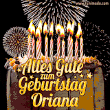 A chocolate birthday cake with glowing candles, the German text 'Alles Gute zum Geburtstag Oriana,' and vibrant fireworks lighting up the background in an animated GIF.