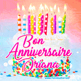 A white birthday cake covered in colorful sprinkles, topped with bright candles, and French text 'Bon Anniversaire Oriana' on a pastel gradient background in an animated GIF.