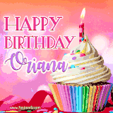 A vibrant birthday GIF featuring a rainbow-colored cupcake topped with white frosting, sprinkles, and a lit candle. The text reads 'Happy Birthday Oriana' in bold pink and violet letters with white outline.