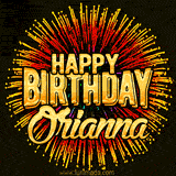 Golden 'Happy Birthday Orianna' text accompanied by animated rainbow fireworks for a festive animated greeting.