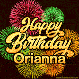 Golden text reading 'Happy Birthday Orianna' surrounded by vibrant fireworks in red, green, and yellow, set against a dark background in this celebratory birthday GIF.