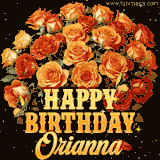 Animated bouquet of orange roses with moving butterfles and golden 'Happy Birthday Orianna' text, surrounded by sparkling accents and a dark backdrop for a luxurious feel.