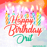 Bright birthday candles with rainbow flames on a cake, alongside the text 'Happy Birthday Orit' in vibrant script in this celebratory animated GIF.
