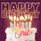 A colorful birthday cake topped with lit candles, with the words 'Happy Birthday Orit' in bold glowing letters on a burgundy background. Animated flames add a festive touch.