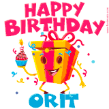A vibrant and funny gift box character with a happy face dancing with a cupcake and the text 'Happy Birthday Orit,' surrounded by animated confetti and party vibes.