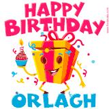 A vibrant and funny gift box character with a happy face dancing with a cupcake and the text 'Happy Birthday Orlagh,' surrounded by animated confetti and party vibes.