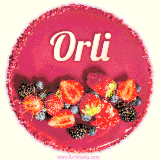 Beautifully decorated red velvet berry birthday cake with vibrant fruits and a glowing 'Orli' name, adding a touch of sweetness and sparkle.