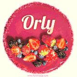 Beautifully decorated red velvet berry birthday cake with vibrant fruits and a glowing 'Orly' name, adding a touch of sweetness and sparkle.