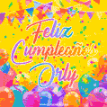 A bright and festive GIF with the text 'Feliz Cumpleaños Orly' in Spanish in colorful fonts, surrounded by confetti, balloons, and festive banners on a vibrant yellow background.