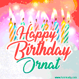 Bright birthday candles with rainbow flames on a cake, alongside the text 'Happy Birthday Ornat' in vibrant script in this celebratory animated GIF.