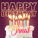 A colorful birthday cake topped with lit candles, with the words 'Happy Birthday Ornat' in bold glowing letters on a burgundy background. Animated flames add a festive touch.