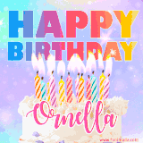 A vibrant animated name GIF with the words 'Happy Birthday Ornella' with colorful candles on a creamy cake. The background sparkles with pastel shades, adding a festive touch.