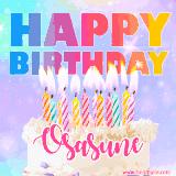 A vibrant animated name GIF with the words 'Happy Birthday Osasune' with colorful candles on a creamy cake. The background sparkles with pastel shades, adding a festive touch.