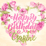 A stunning heart made of pink roses surrounds the elegant script text 'Happy Birthday Osasune' on a soft beige background. Animated sparkles add a magical and festive feel.