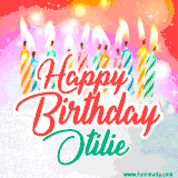 Bright birthday candles with rainbow flames on a cake, alongside the text 'Happy Birthday Otilie' in vibrant script in this celebratory animated GIF.